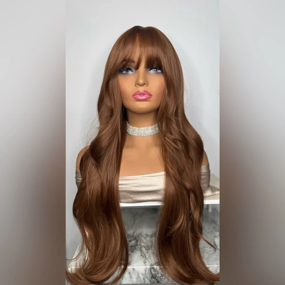 Long Mocha Brown Wig with Bangs – 30” Wavy Synthetic Hair, Natural Look